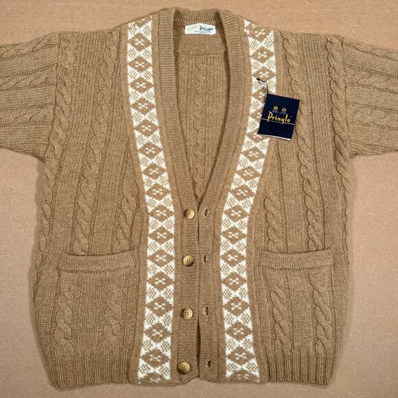 Vintage Pringle of Scotland Wool Cardigan Cable Knit Fair Isle Brown L 80s NWT - Picture 2 of 8